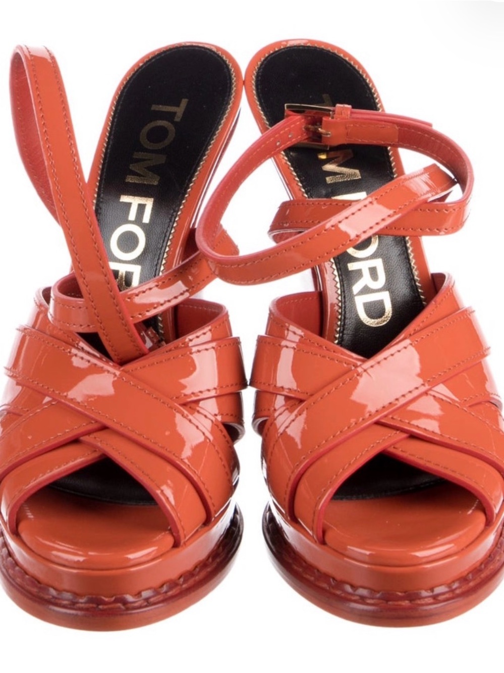 Tom Ford Glossy Orange Patent Crisscross Platform Sandals